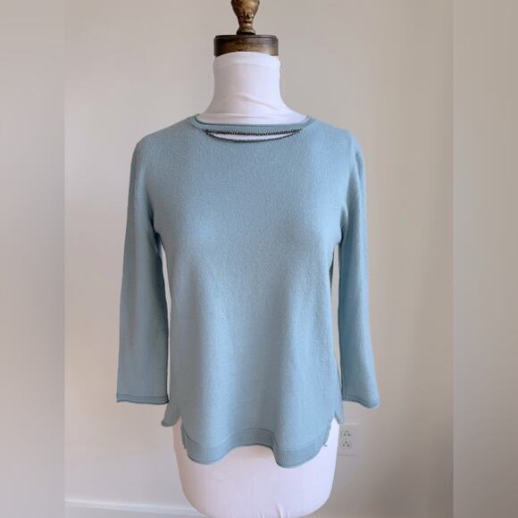 DOROTHEE SCHUMACHER POWDER BLUE WOOL SWEATER 3/4 HARDWARE CUTOUT MEDIUM - Picture 1 of 9